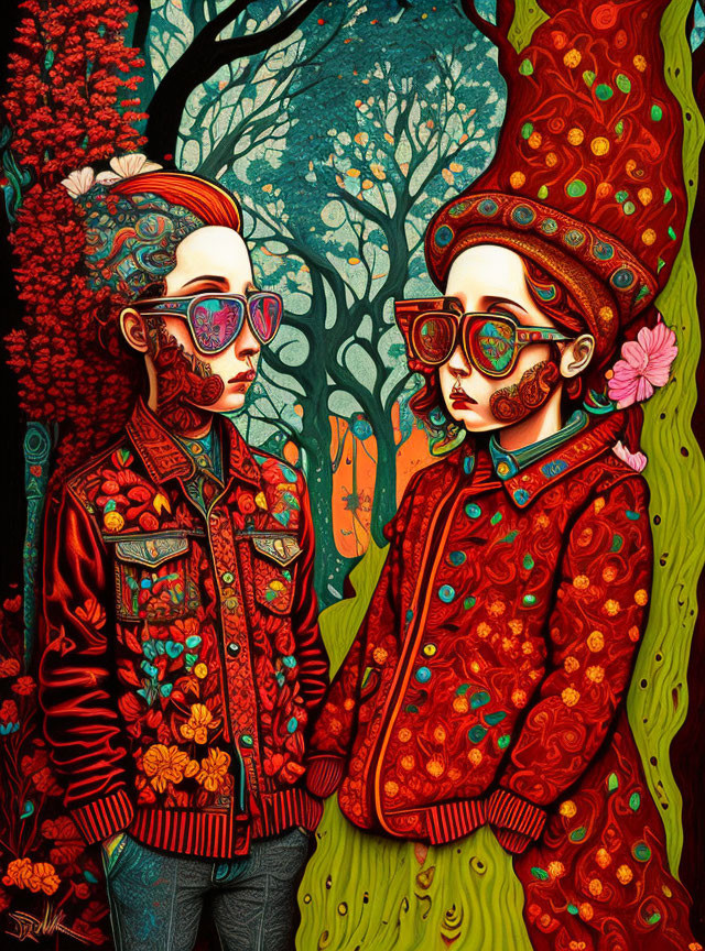 Illustration of two figures in ornate attire and glasses in whimsical forest
