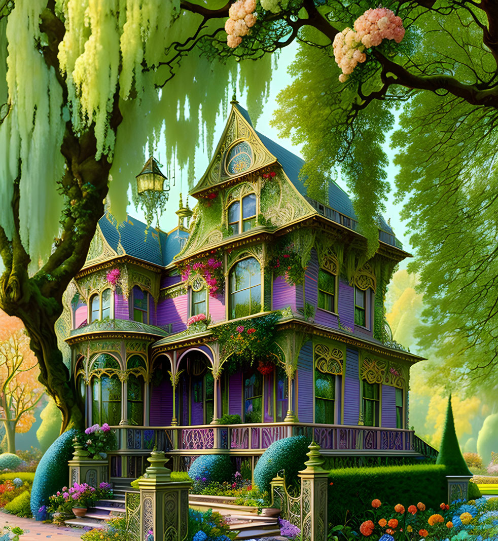 Victorian-style house in enchanted garden with blooming flowers