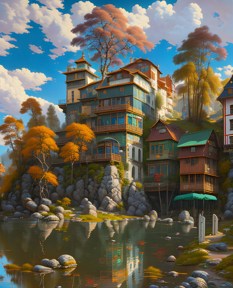 Digital artwork: Multi-tiered building near lake with autumn trees