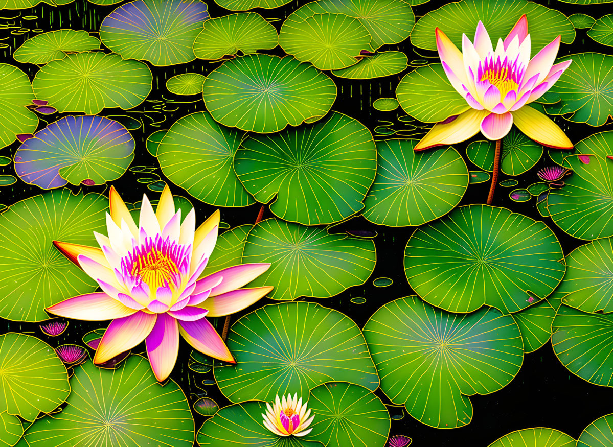 Pink and Yellow Lotus Flowers Blooming Above Pond with Lily Pads