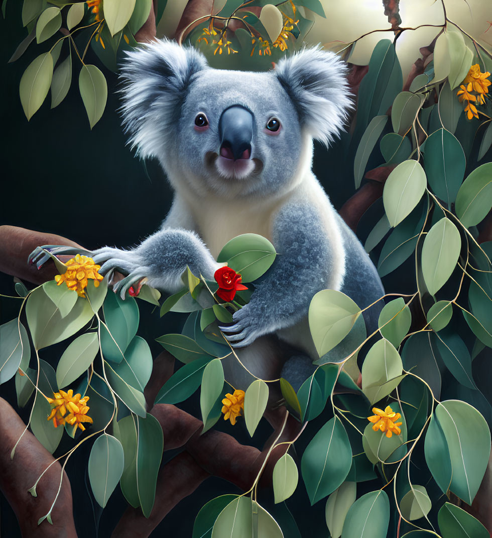 Koala holding red rose in lush green setting