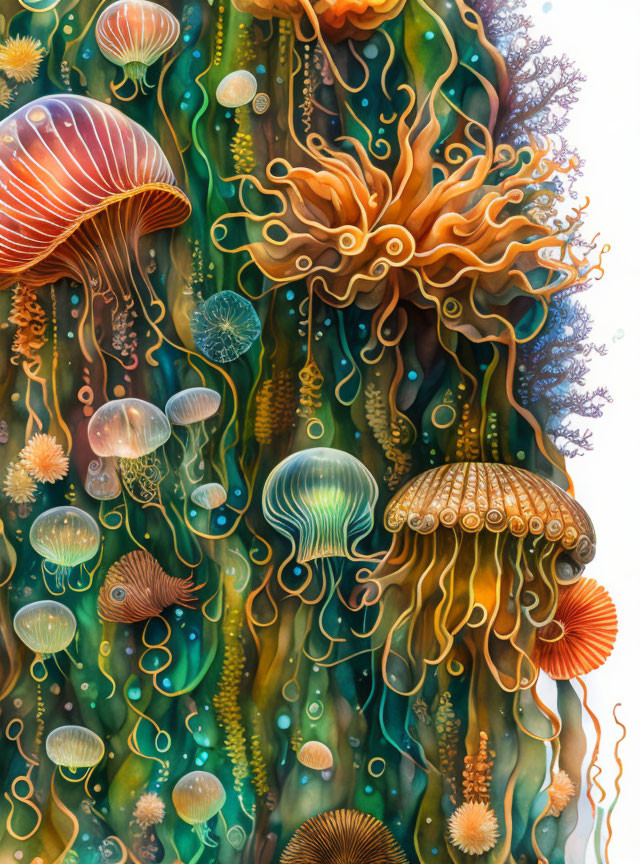 Colorful Jellyfish Among Coral Structures in Whimsical Underwater Scene