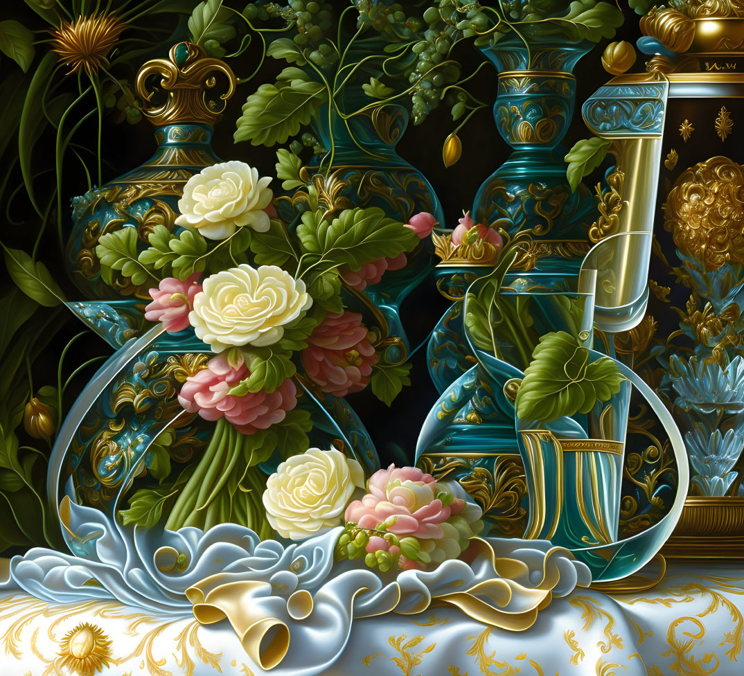 Intricate still life with lush flowers and ornate vases