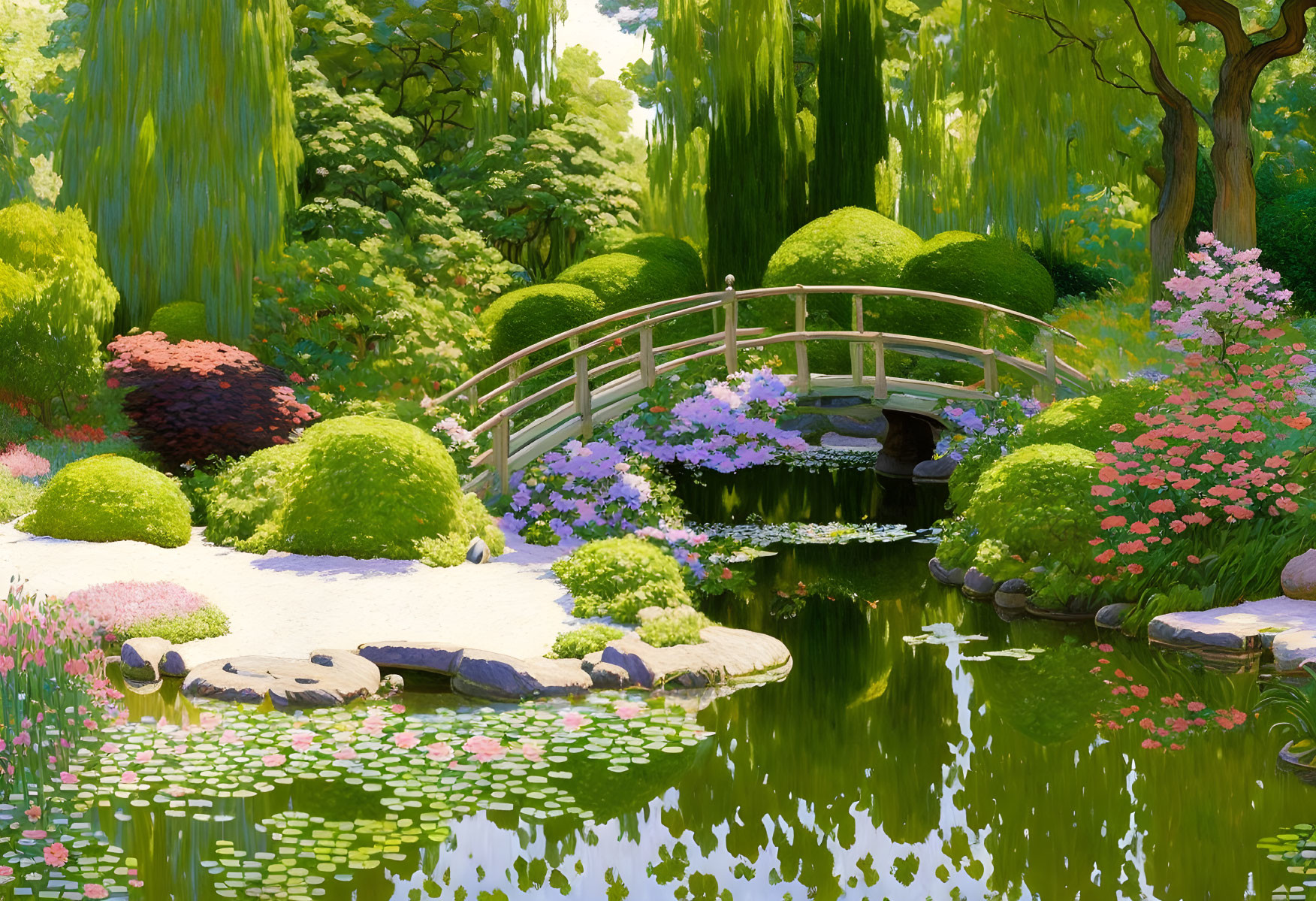 Tranquil garden scene with wooden bridge, pond, lush greenery, and weeping willow