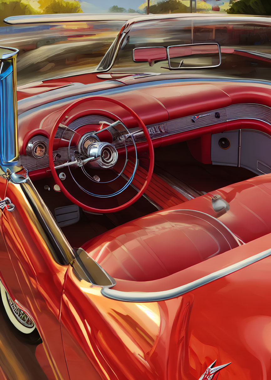 Detailed illustration of shiny red convertible interior with blurred racetrack background