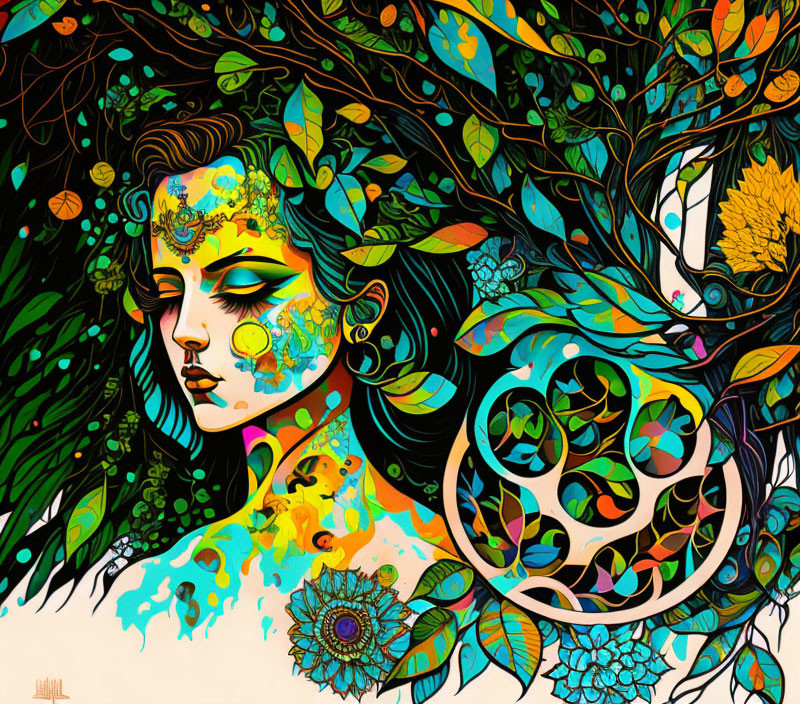 Colorful Woman's Profile Artwork with Floral and Nature Motifs