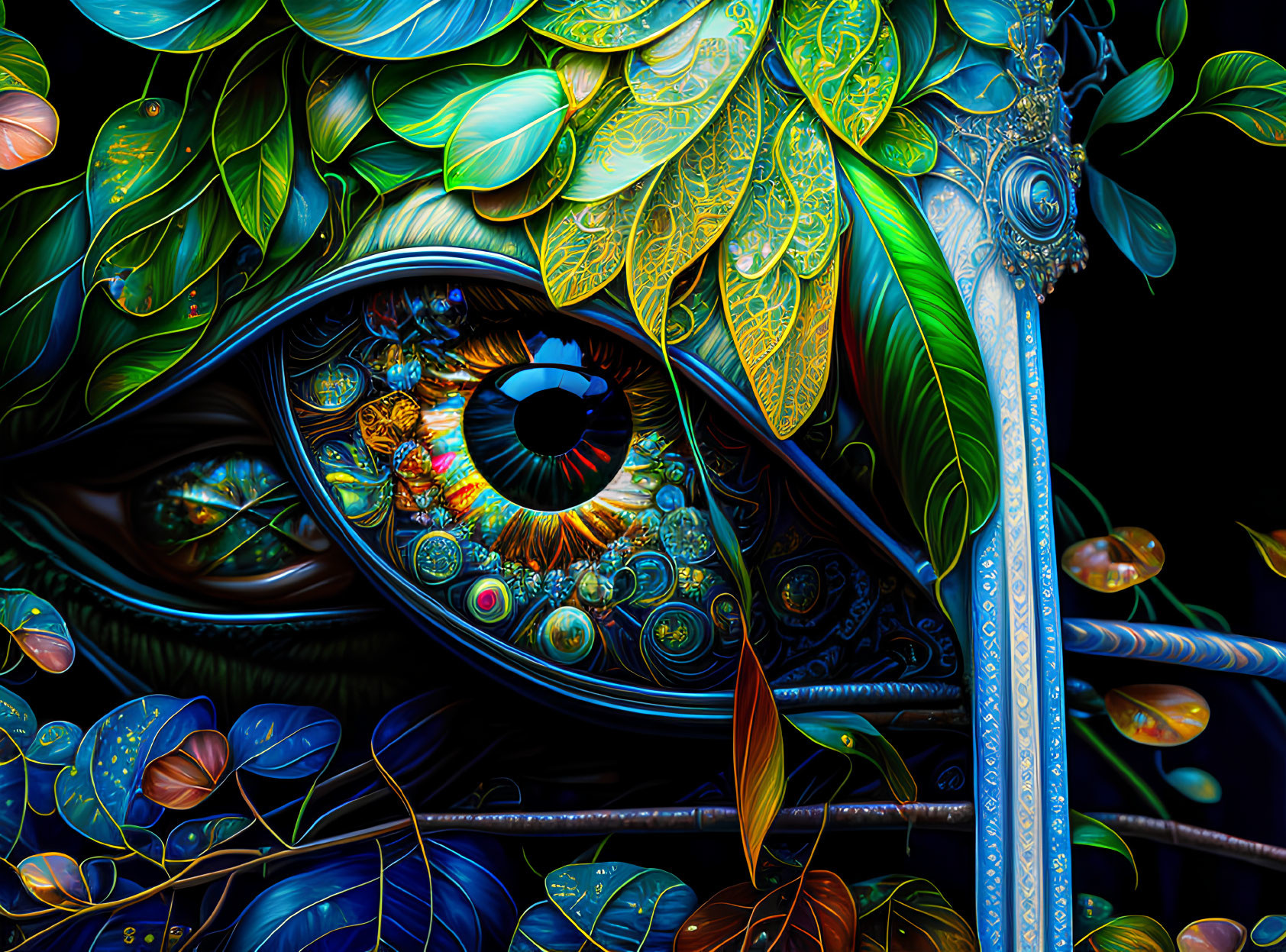 Colorful Eye Artwork with Metallic and Jewel-like Textures on Dark Background