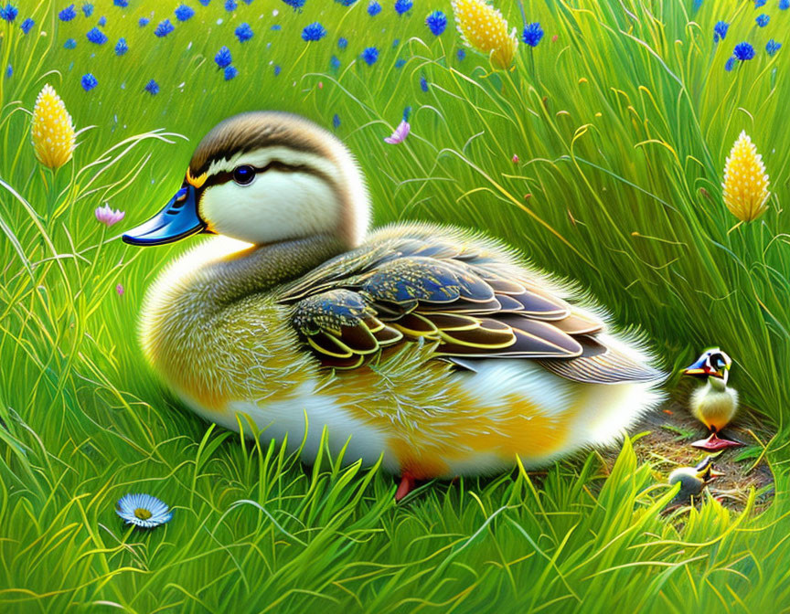 Colorful Duck and Duckling in Nature Scene