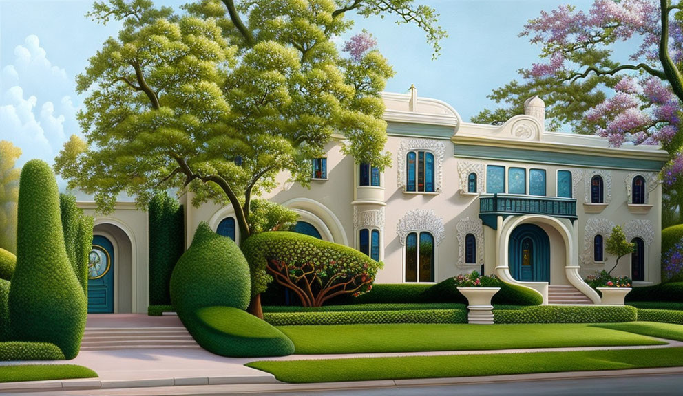 Stylized illustration of grand white mansion with lush greenery