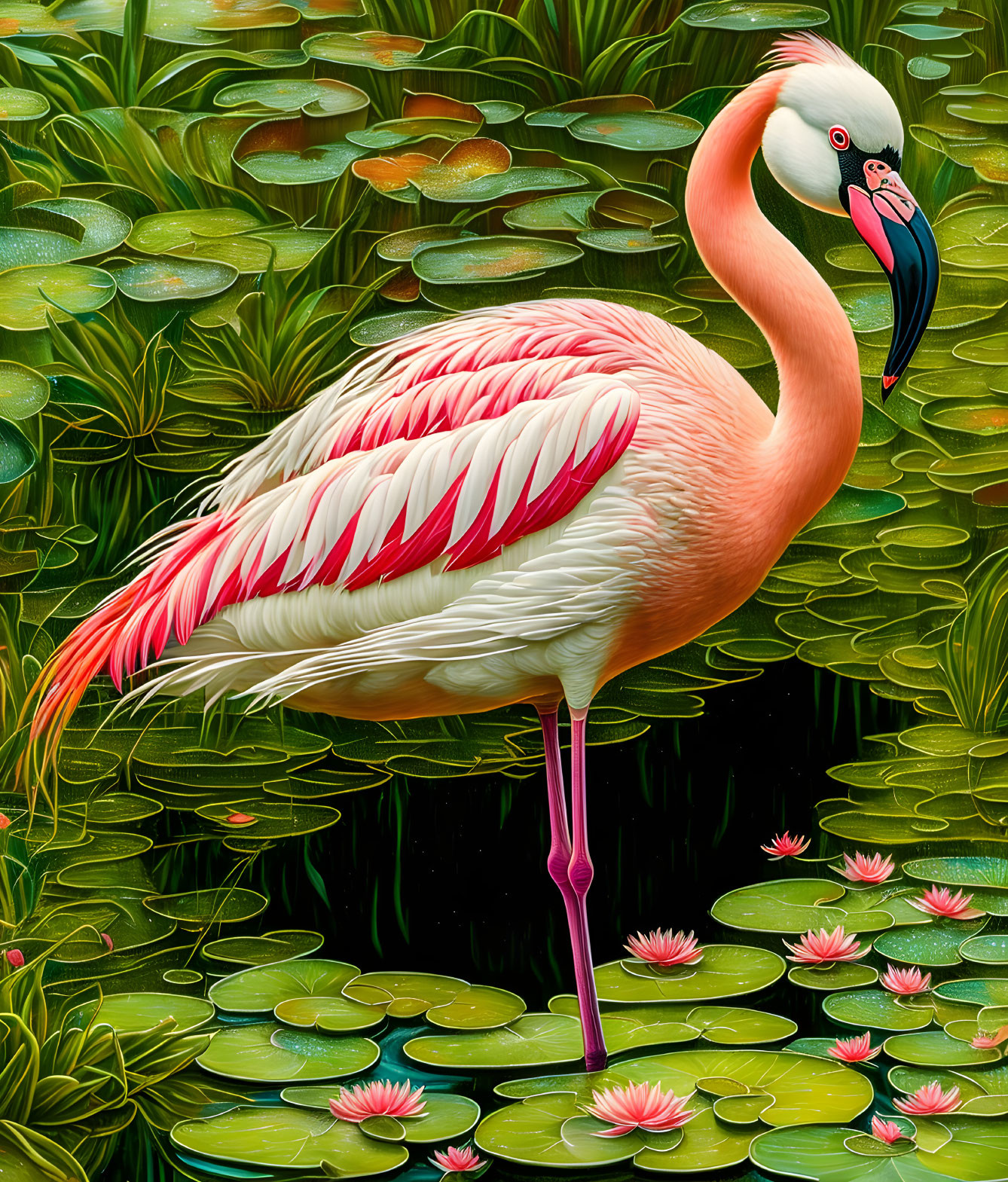 Colorful Flamingo Surrounded by Lily Pads and Lotus Flowers