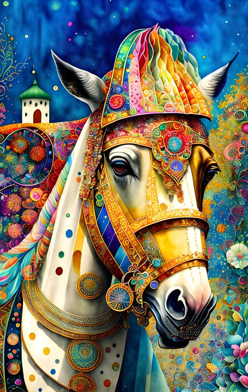 Colorful illustration of decorated horse with ornate tack against floral background and castle turret