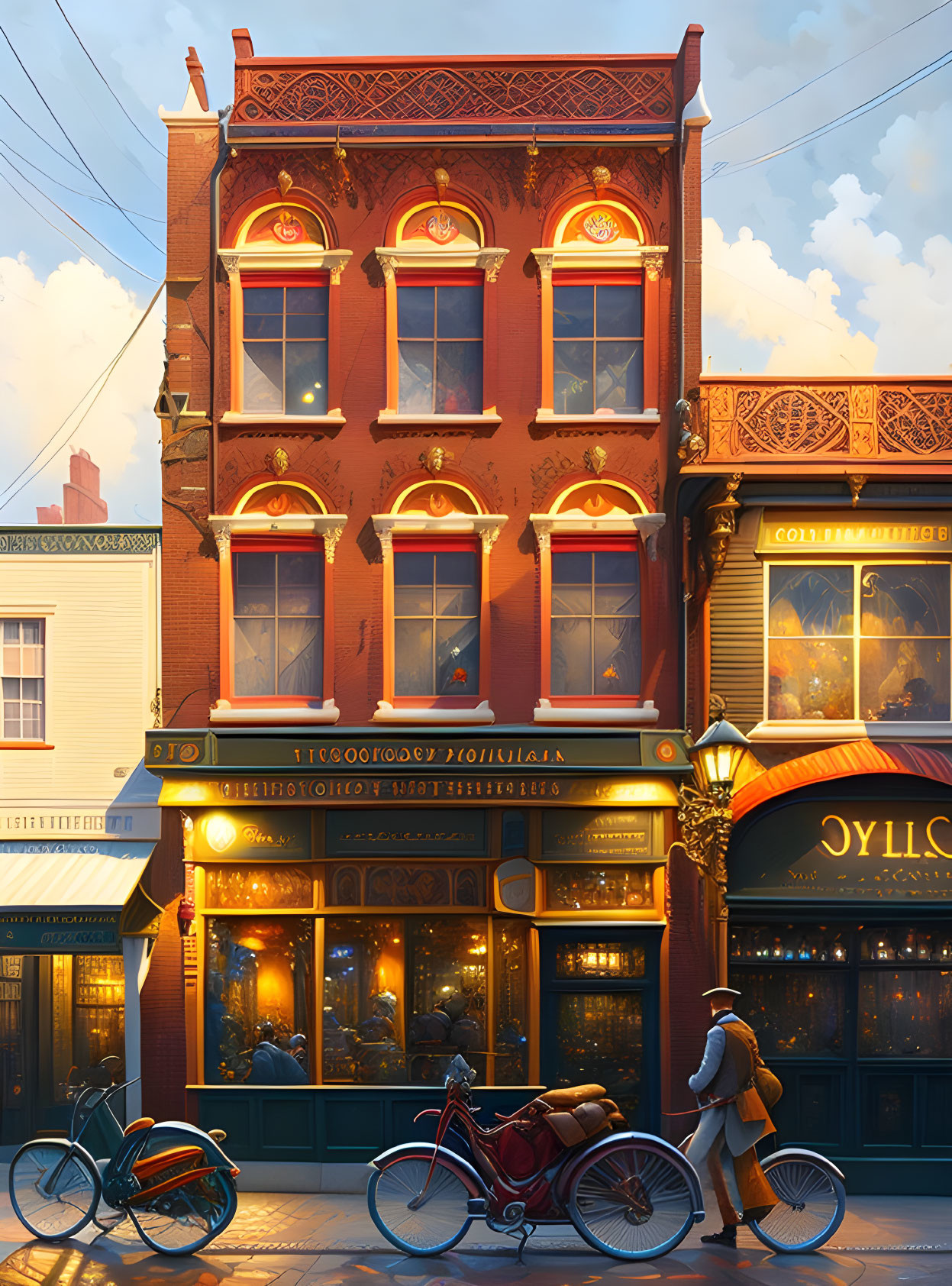 Red-brick building with café, warm dusk light, pedestrians, bicycles on city street