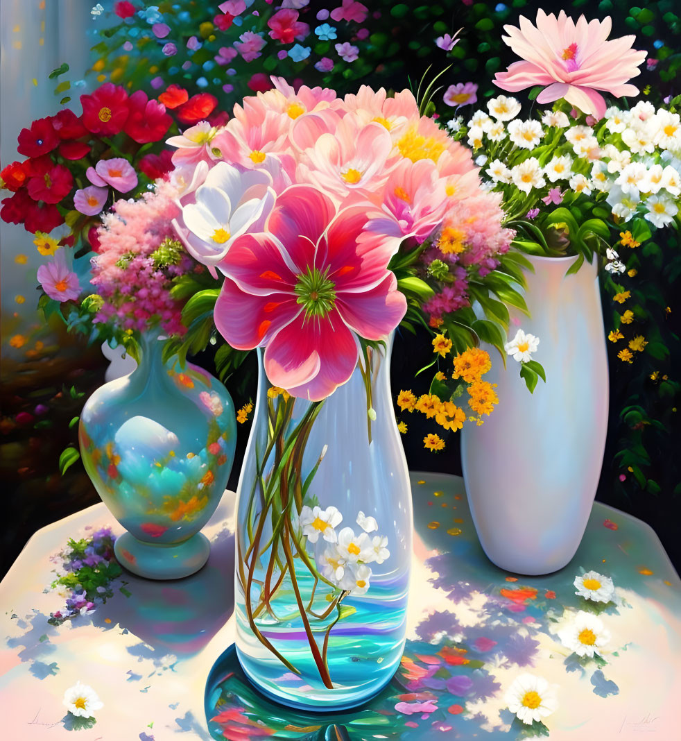 Colorful Flower Bouquet Still-Life Painting with Glass and Pottery Vases