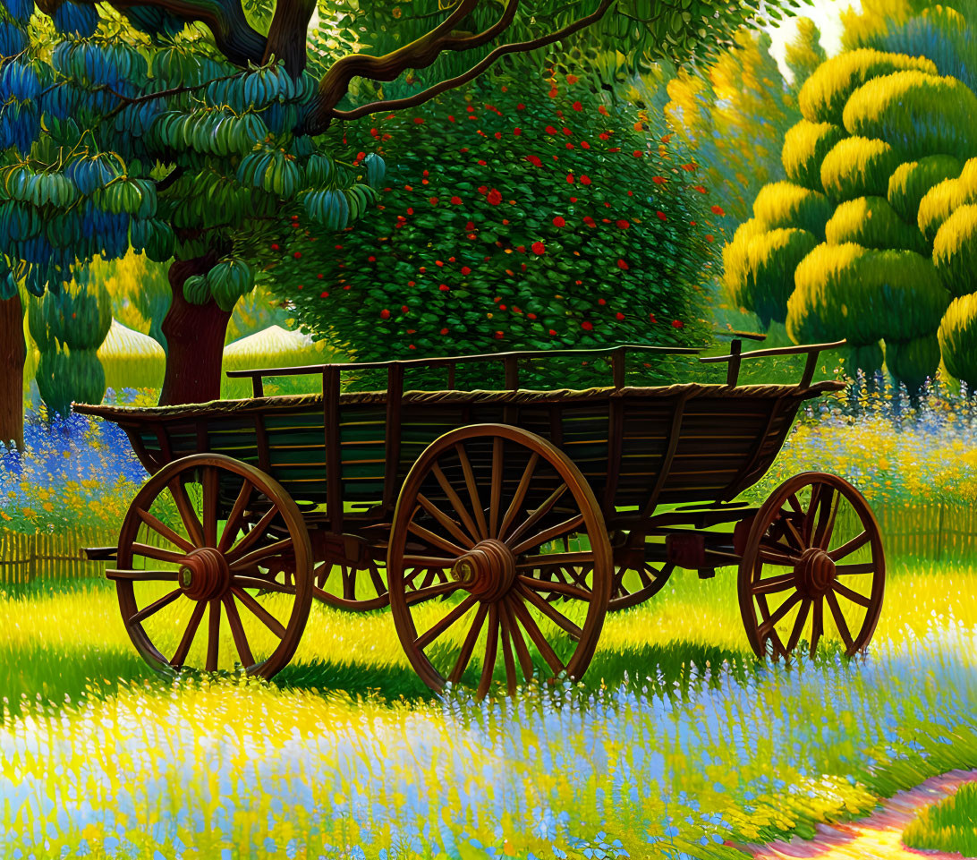 Vintage wooden wagon in colorful pastoral landscape