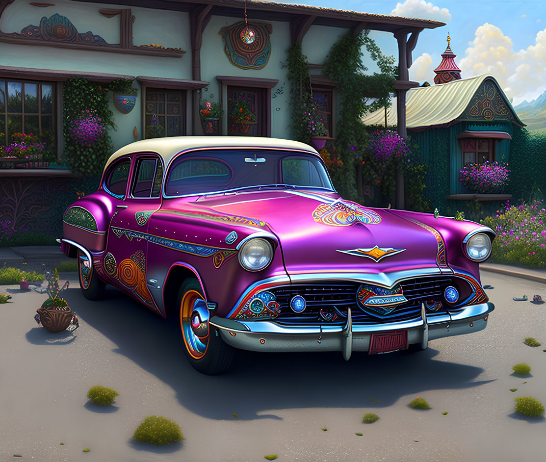 Vintage purple car parked in front of picturesque house with floral decorations