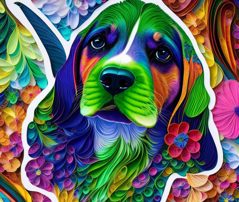 Vibrant digital artwork featuring colorful dog with swirling patterns