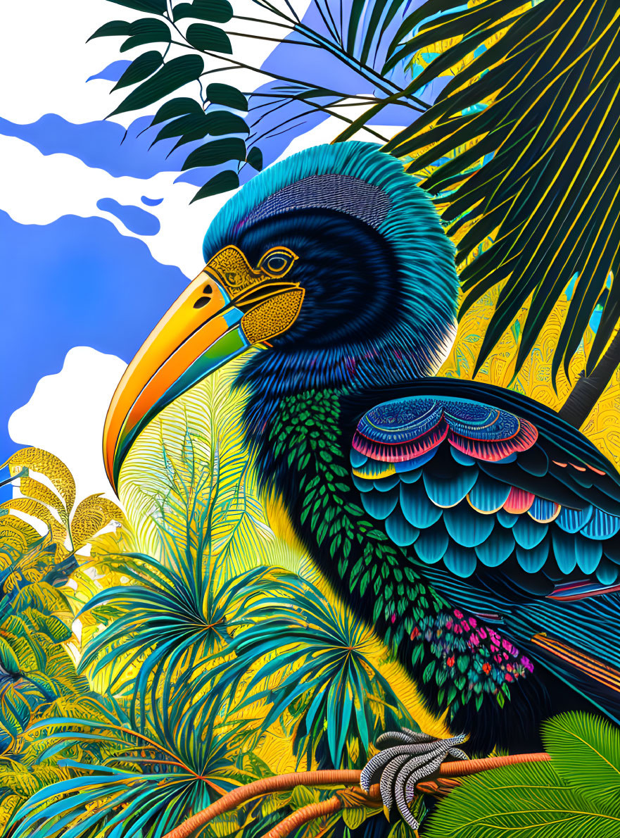 Colorful Toucan Illustration in Lush Tropical Setting