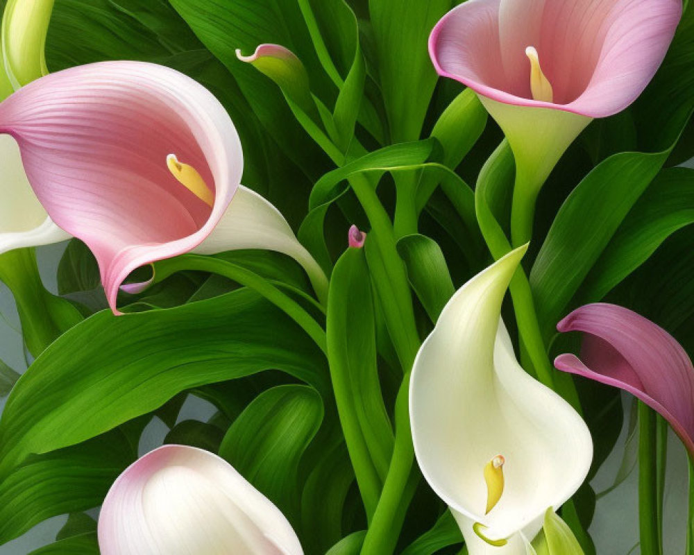 Colorful Cluster of Pink and White Calla Lilies with Green Leaves