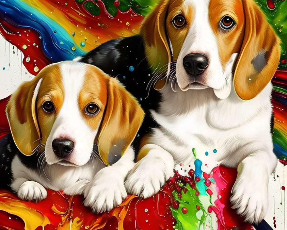 Two Beagle Puppies in Colorful Paint Splatter Background