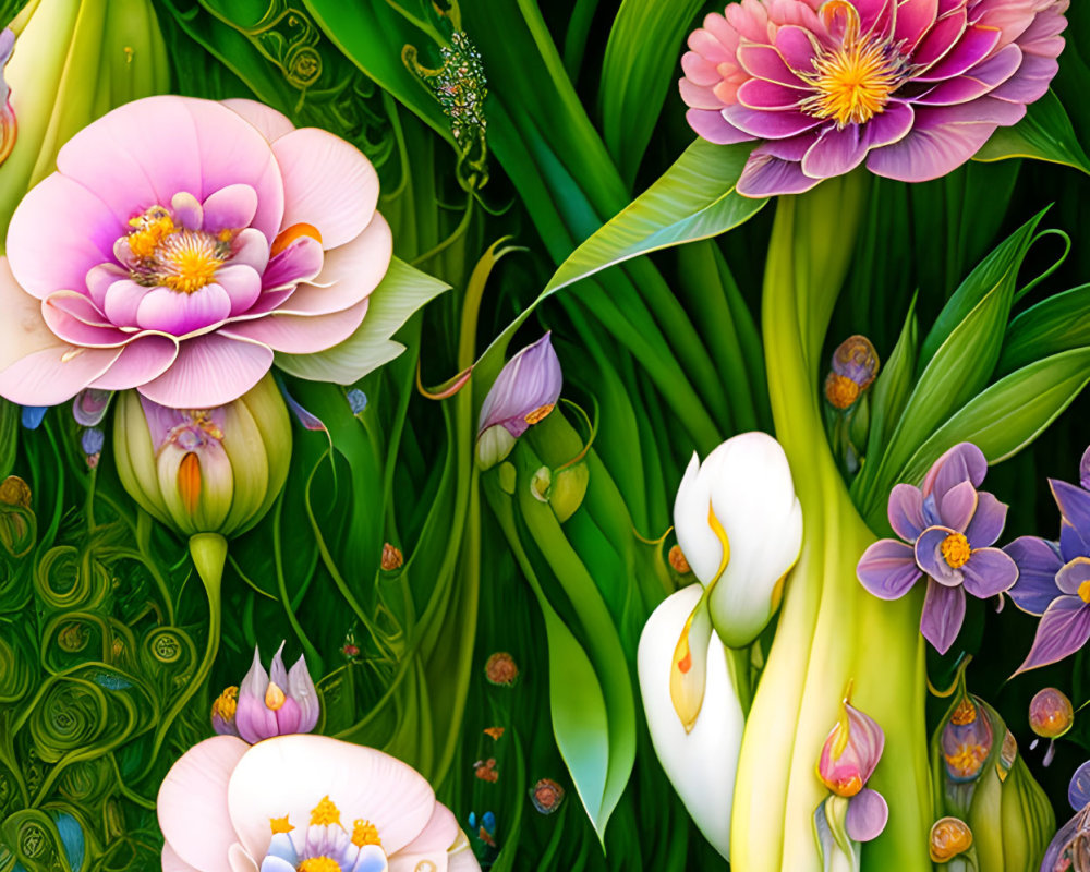 Detailed illustration of vibrant floral and foliage with vivid colors in surreal composition