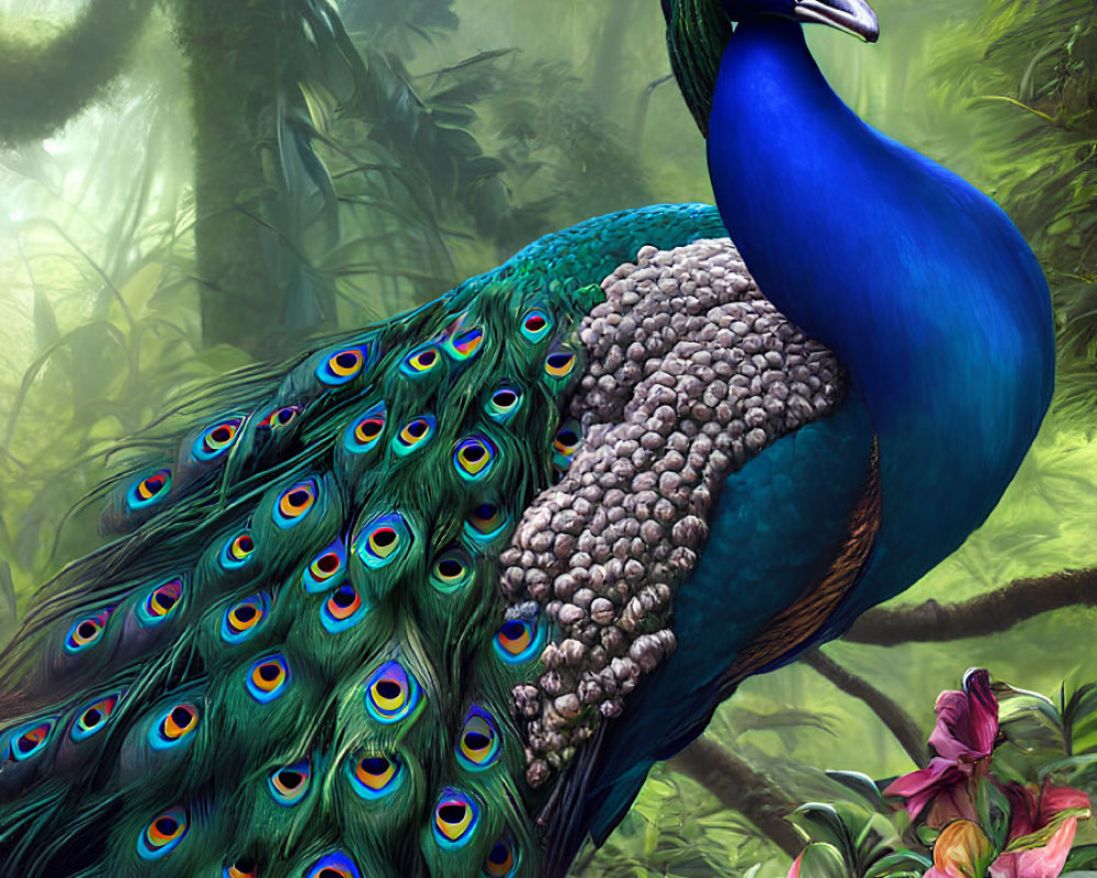 Colorful Peacock Display in Lush Forest Setting