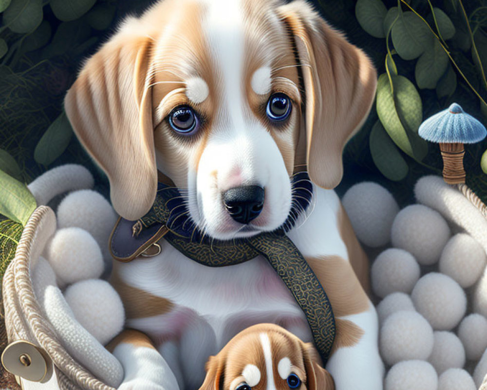 Two Beagle Puppies in Wicker Basket with Greenery and Mushroom