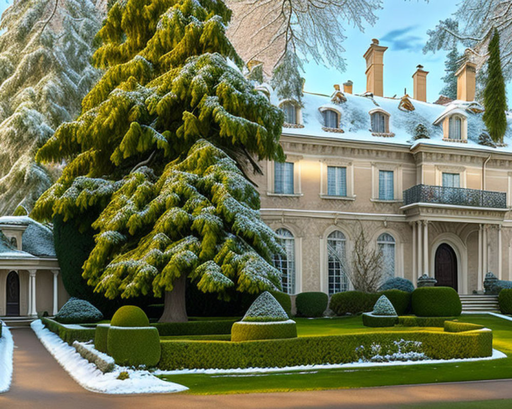 Luxurious Winter Mansion with Manicured Gardens and Snow-covered Trees