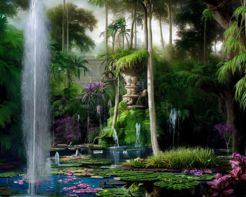 Tranquil garden scene with waterfall, statue, lush greenery, flowers, and pond.