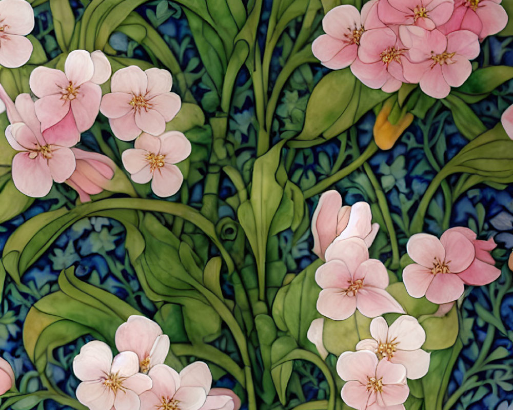 Pink Flowers and Green Leaves on Dark Blue Background Illustration