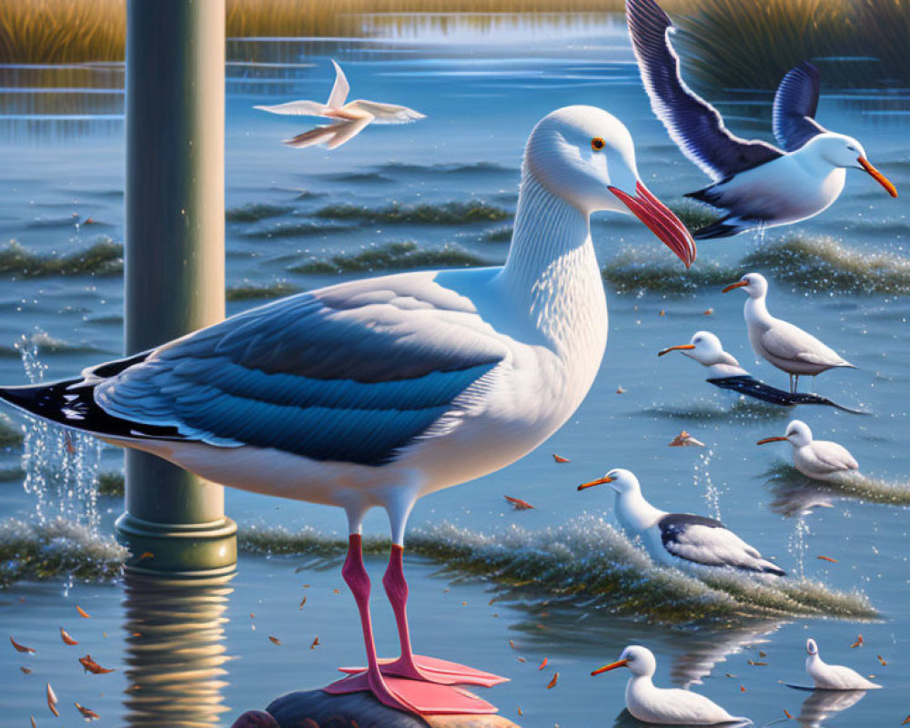 Detailed Seagull Illustration by Water with Flying and Resting Birds