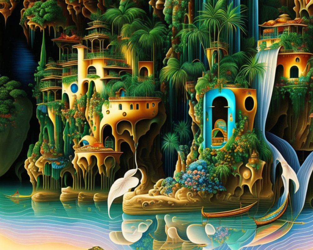 Fantastical landscape with whimsical architecture, cliffs, waterfalls, exotic flora, birds, and