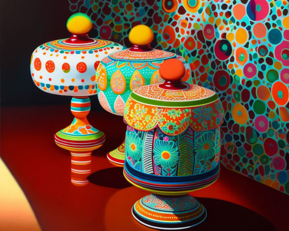 Colorful patterned objects on red surface with intricate designs and cast shadows