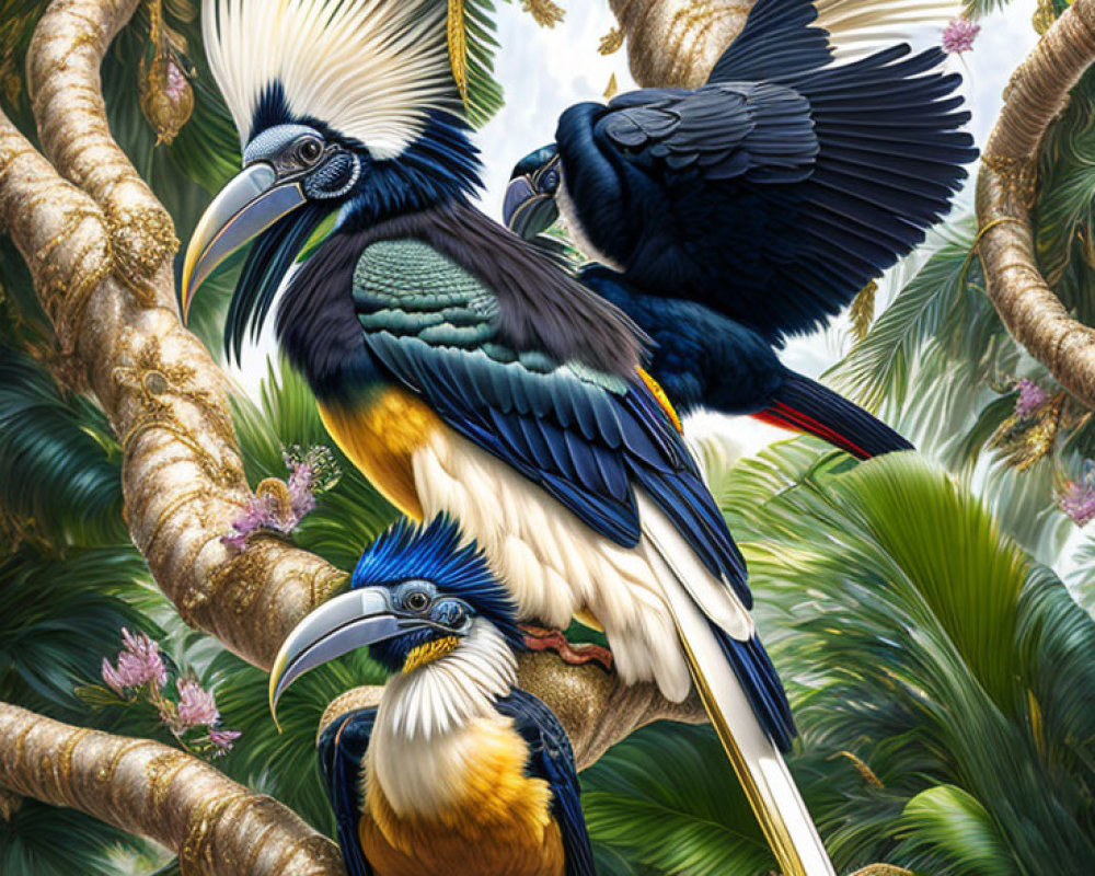 Colorful Hornbills Perched in Lush Jungle Setting