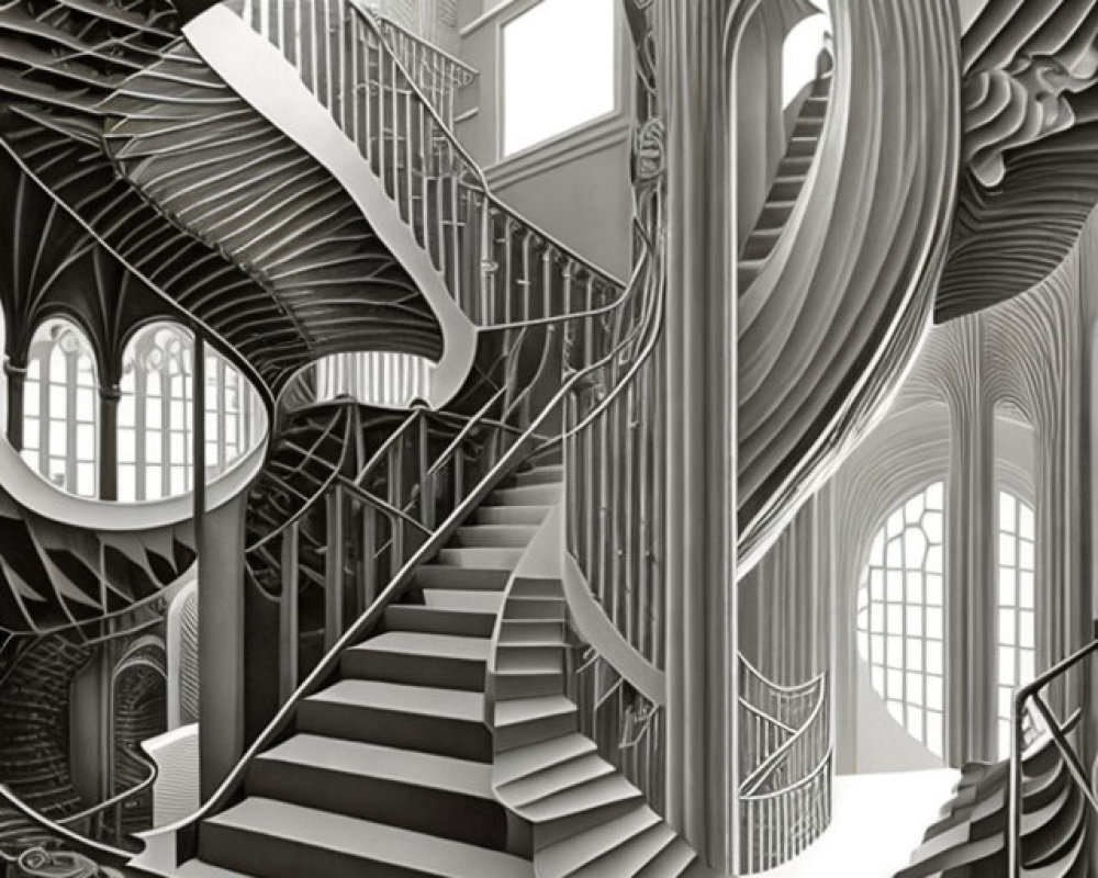 Detailed monochrome surreal interior illustration with staircases and arches.