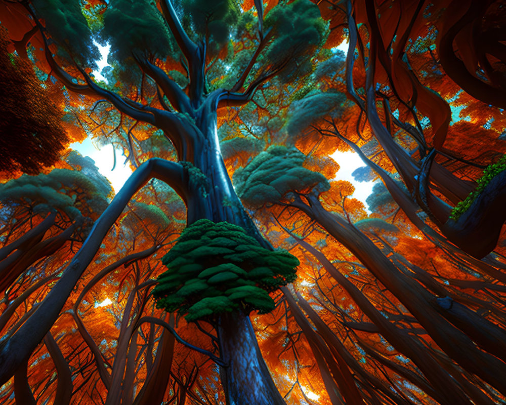 Broad-trunked tree in forest with orange foliage under blue sky