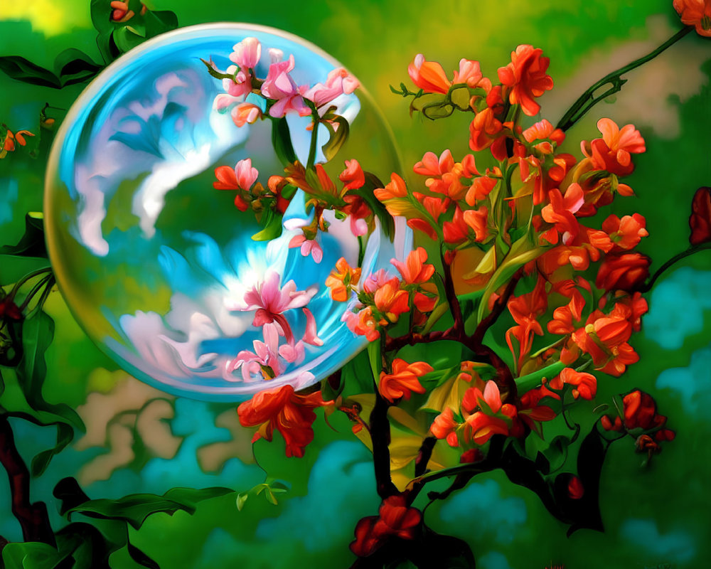 Digital Artwork: Vibrant Orange Flowers & Surreal Mirrored Sky