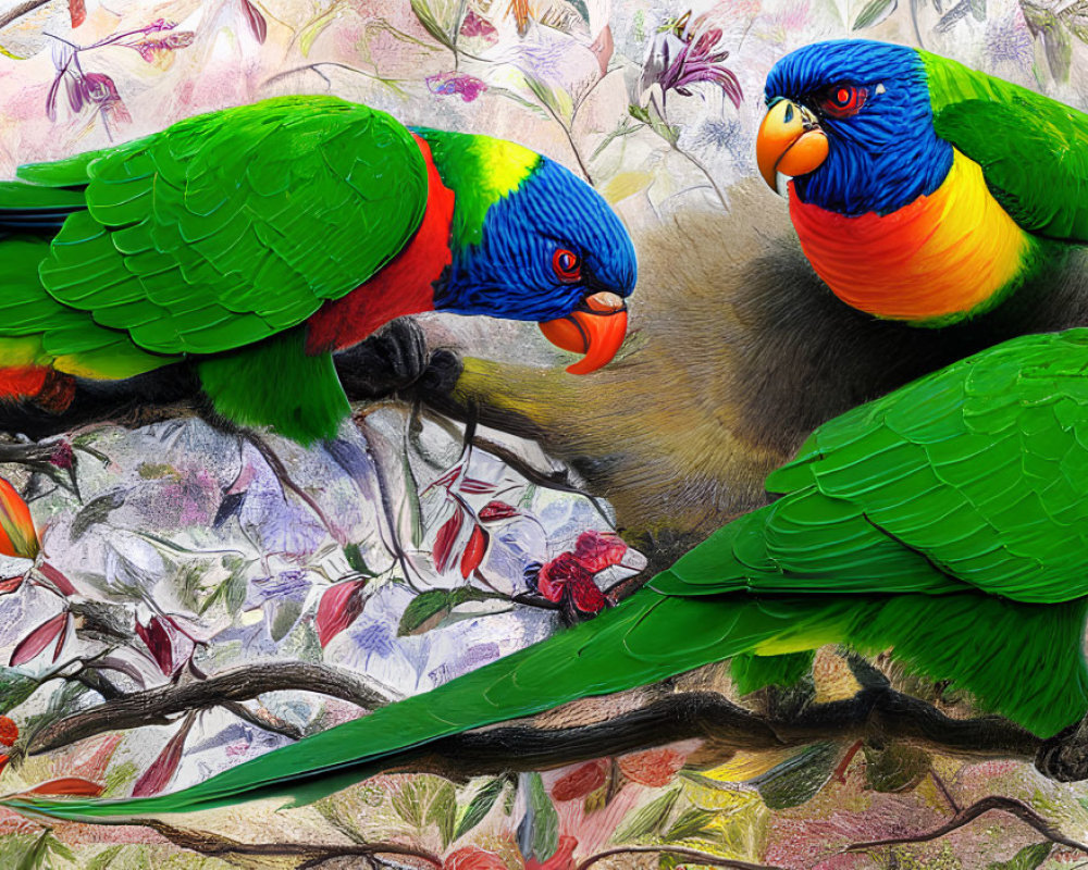 Colorful Lorikeets Perched on Branch with Floral Background