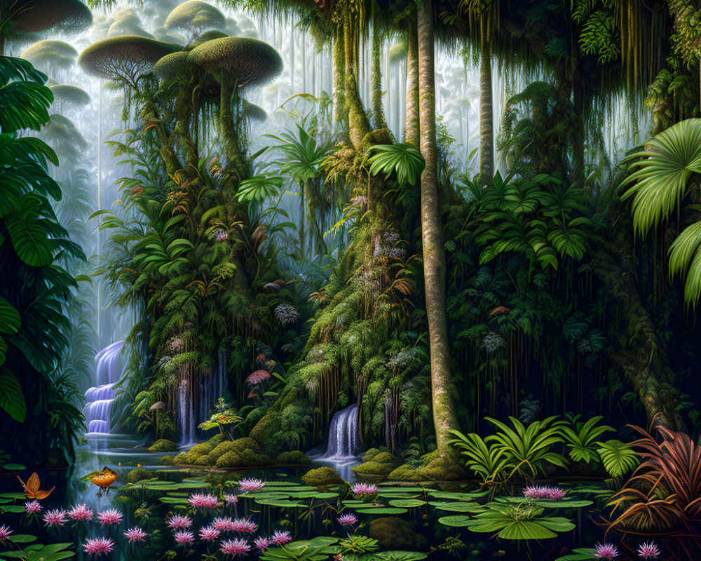 Lush Jungle Scene with Waterfalls, Exotic Foliage, and Lotus Pond