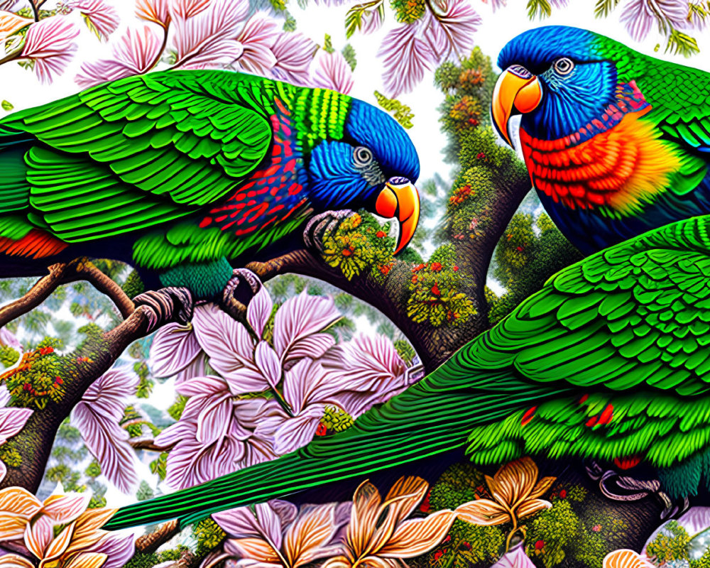 Colorful Parrots Perched on Branches in Vibrant Illustration