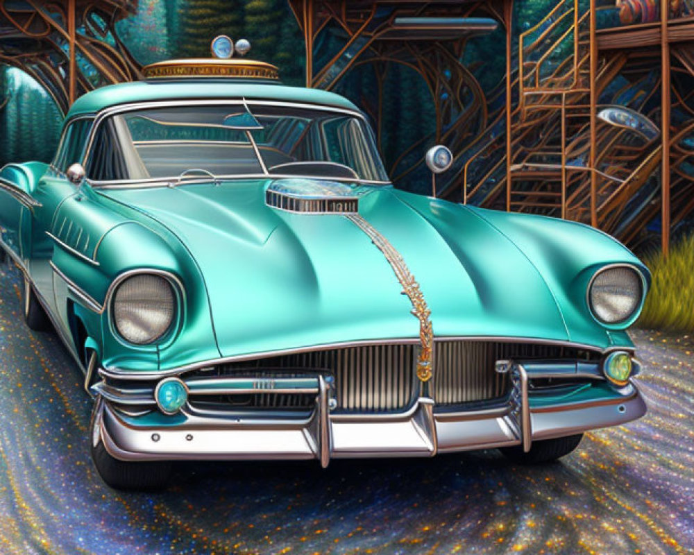 Vintage Teal Car with Chrome Details on Glittering Road