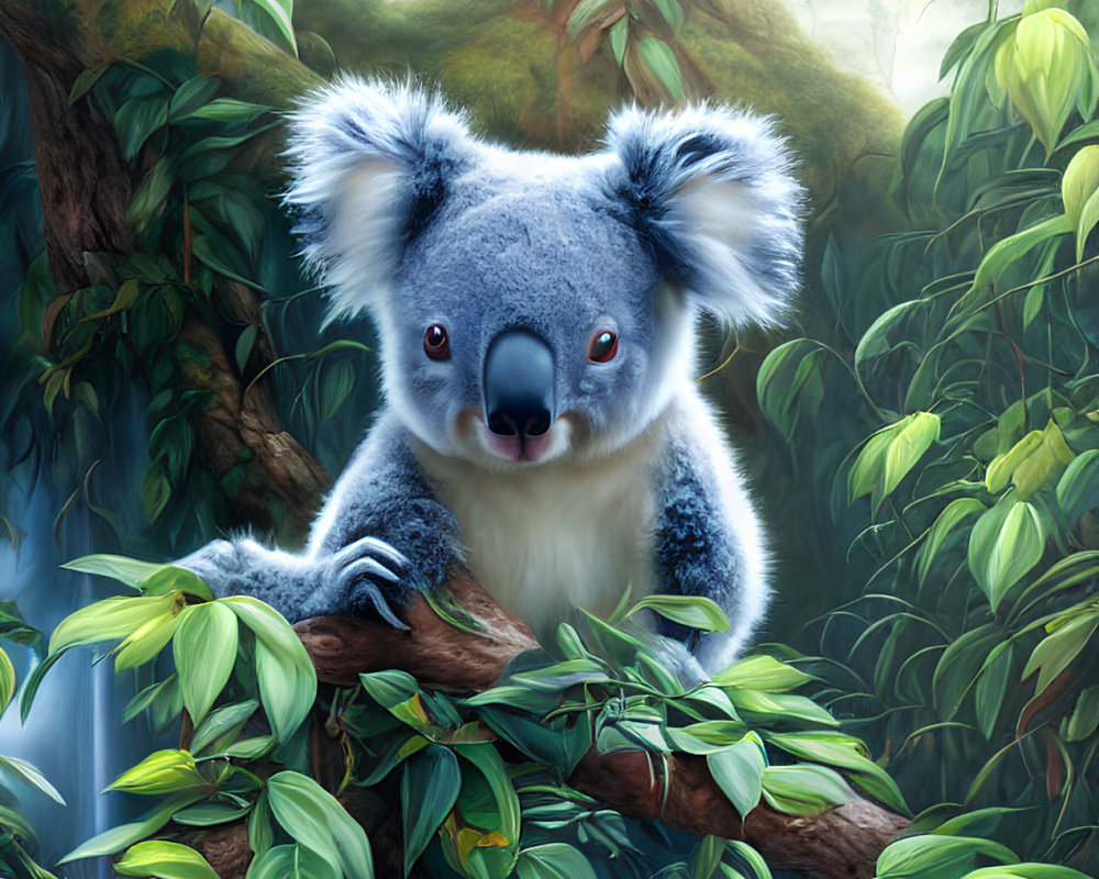 Koala on tree branch in lush forest with expressive eyes