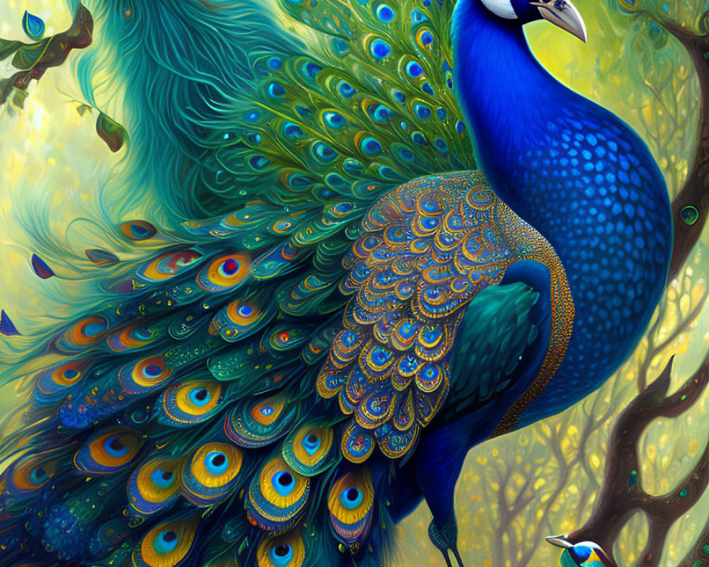 Colorful digital artwork: Peacock displaying vibrant blues and greens with intricate patterns, accompanied by a smaller