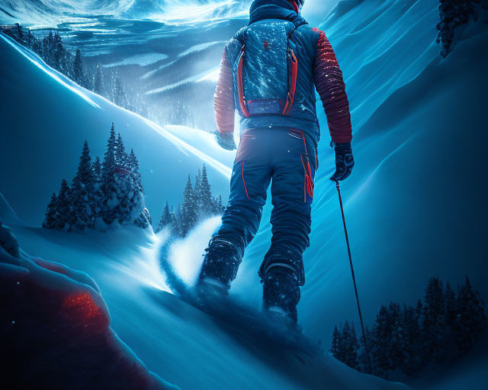 Skier on Snowy Slope at Night with Moonlit Sky