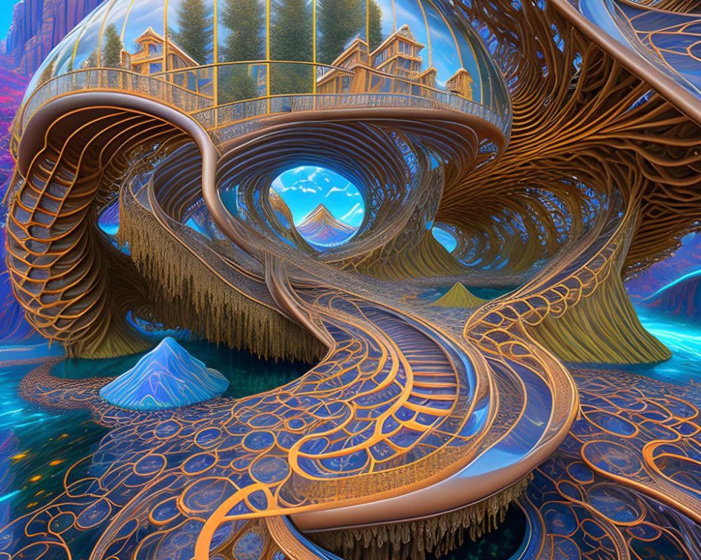 Surreal digital artwork of spiral landscape and ornate patterns