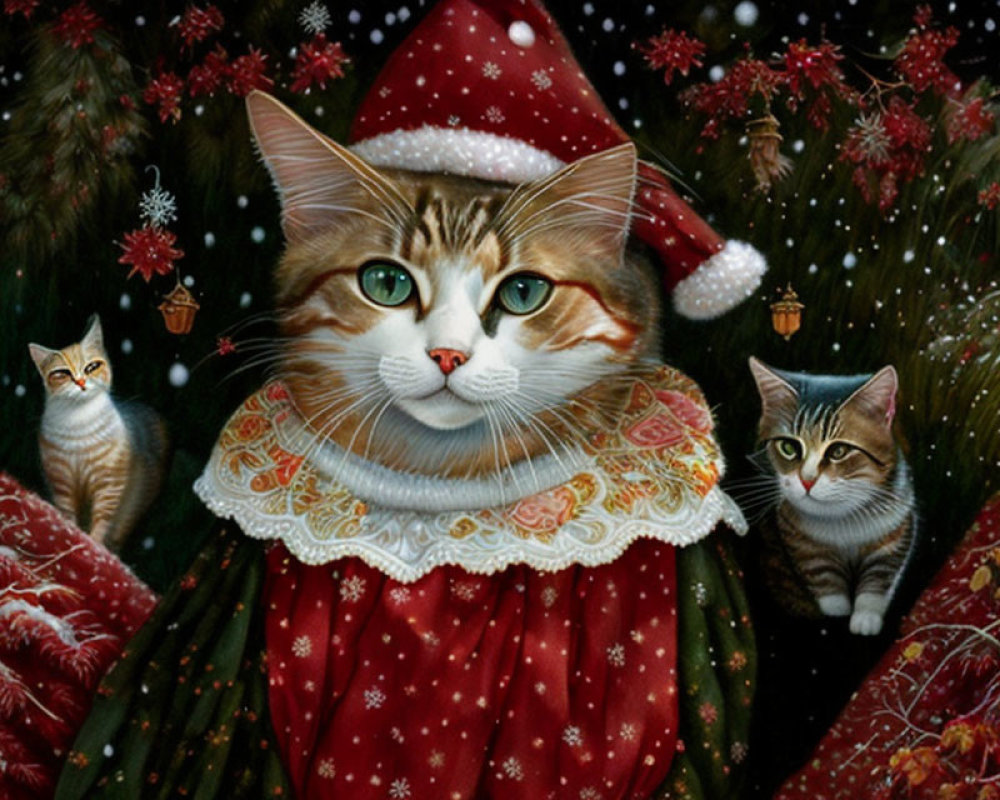 Festive cat artwork with Santa hat, red cloak, Christmas trees, snowfall