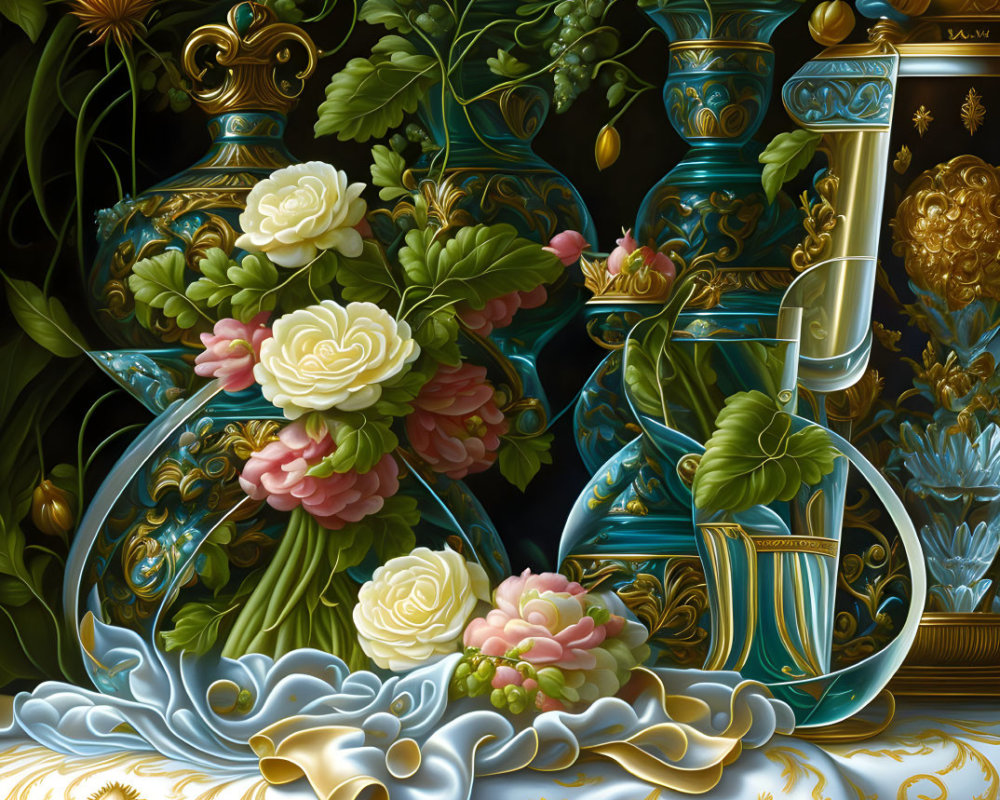 Intricate still life with lush flowers and ornate vases