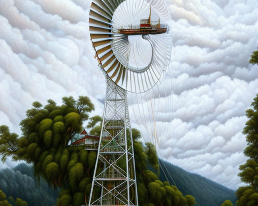 Surreal illustration of wheel-like structure in forested landscape