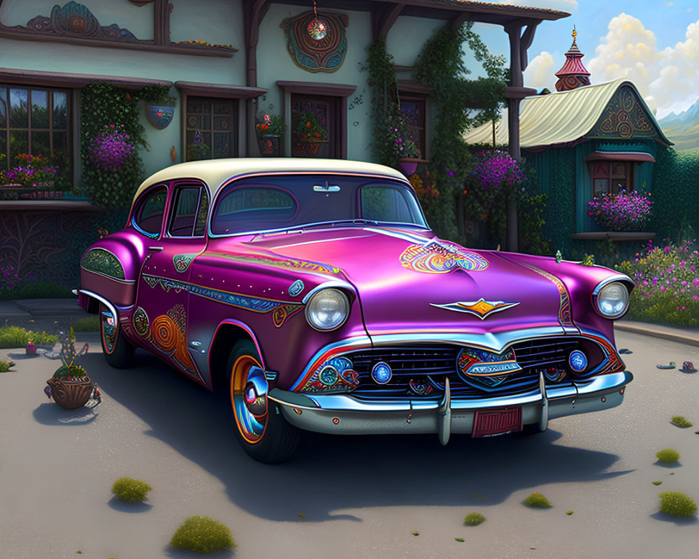 Vintage purple car parked in front of picturesque house with floral decorations