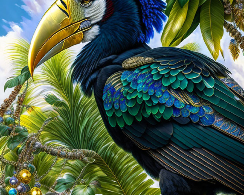 Colorful digital artwork: Toucan with golden beak in lush greenery