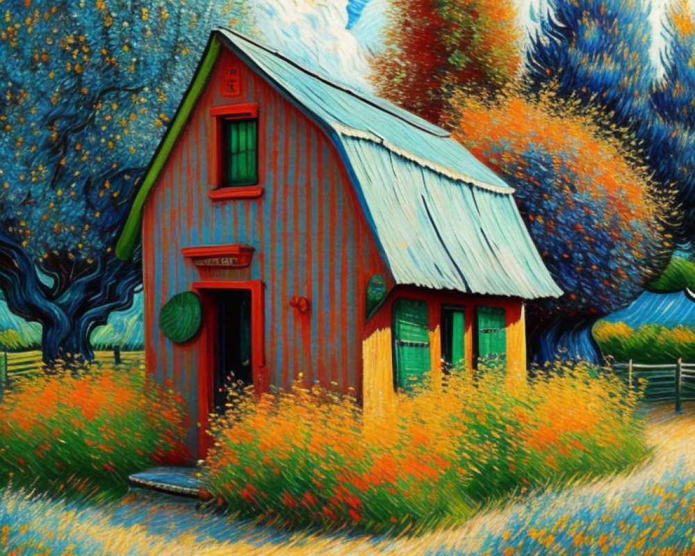 Colorful painting of red barn in lush foliage under blue sky